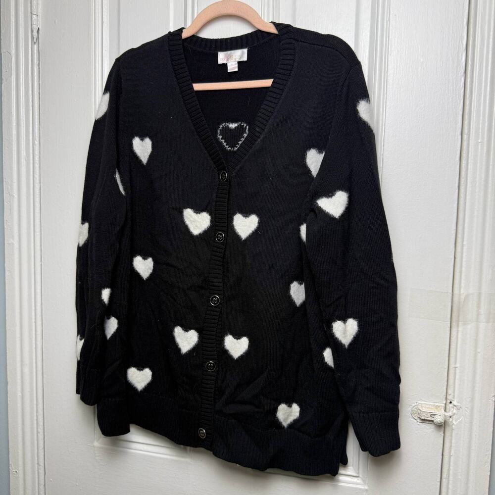 Belle by Kim Gravel Heart Print Cardigan Black White Sweater Womens XL Soft Knit
